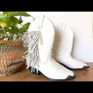 White fringe cowboy boots